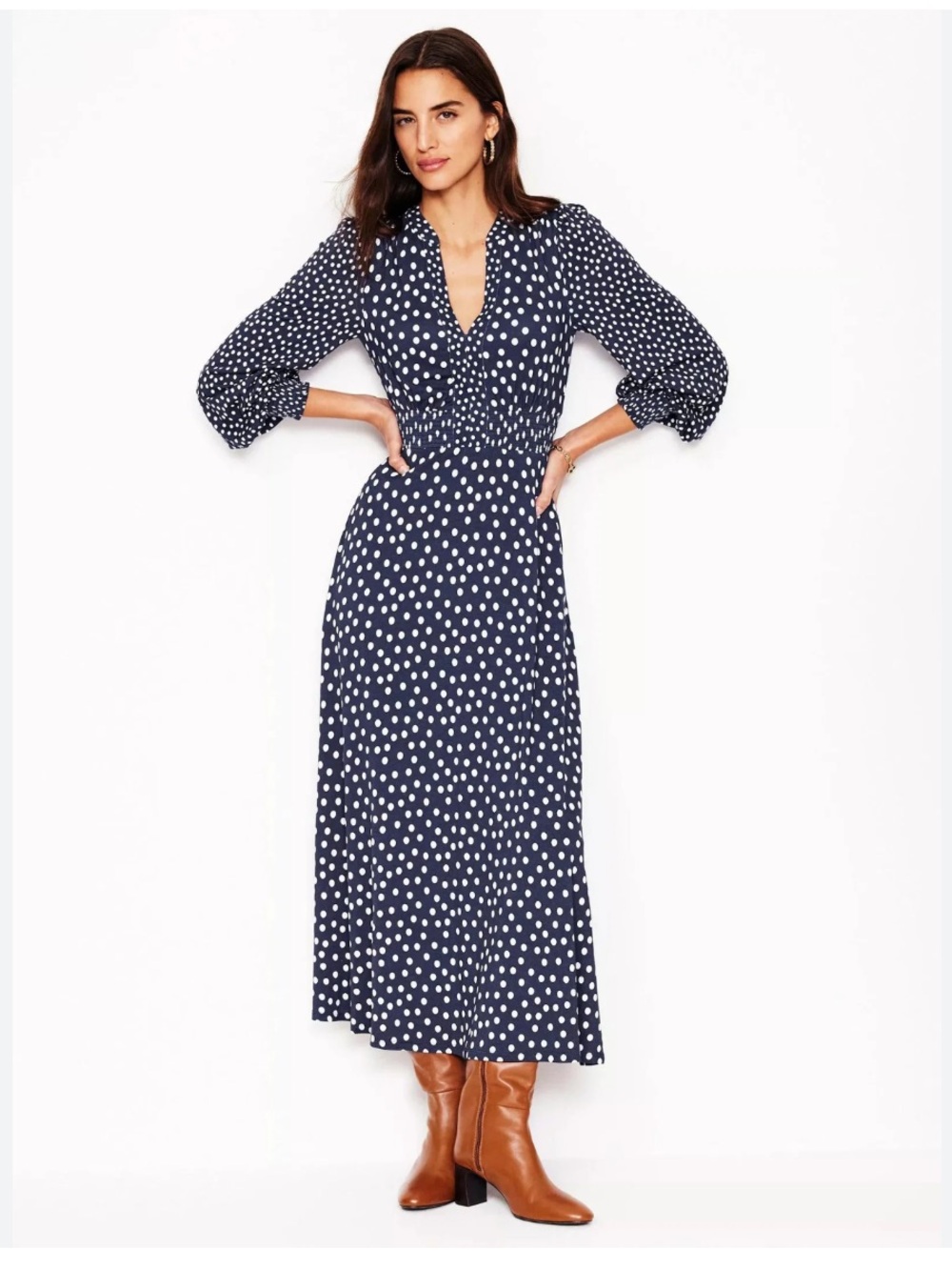 Boden Ivy Smocked Polka Dot Midi Dress Blue White Size 10L